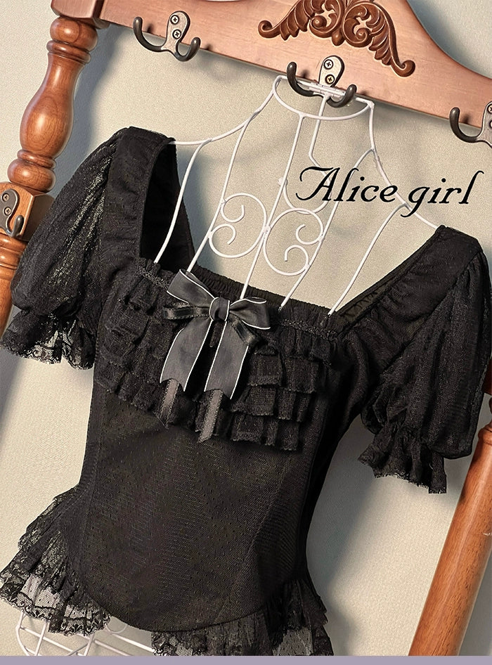 Alice girl~Yesterday Morning Mist~Classic Lolita Shirt Polka Dots Tulle Short Sleeve Blouse 41780:715112