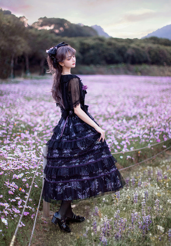 Avenue Denfer~Floral Veil~Elegant Lolita JSK Suit Floral Print Dress and Tulle Shawl