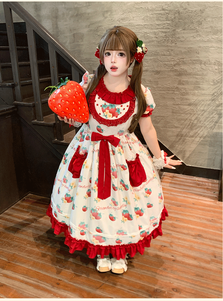 Sweet Berry Tidings - Plus Size Sweet Lolita OP Dress, Strawberry Print 45851:865347