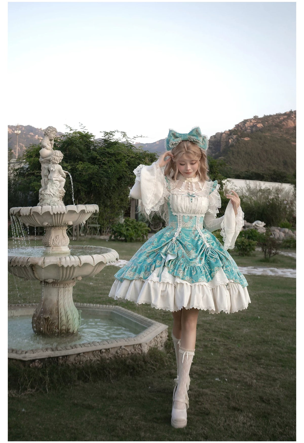 Old Courtyard Floral Letter - Classic Lolita Printed JSK Dress Set, Drawstring Lift-up Hem 46102:875314