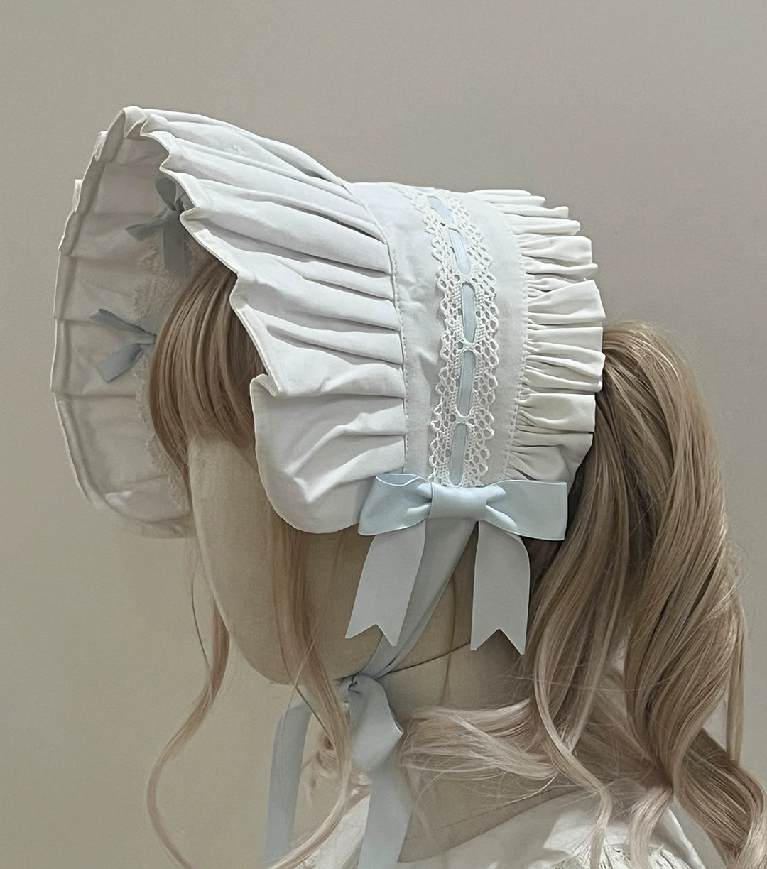 (BFM)Little Bear~Laura's Doll~Sweet Lolita Bloomer Bonnet Headband Hair Clip White and Blue BNT Free size 