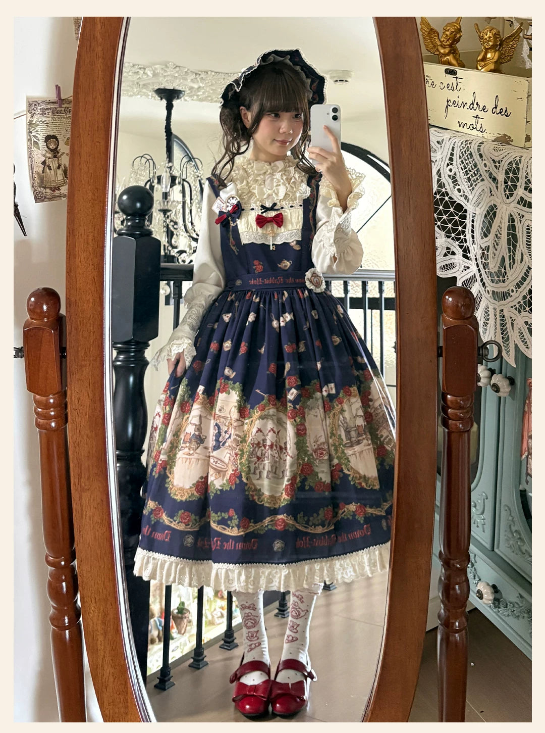 Down the Rabbit Hole - Daily Wear Classic Lolita OP & JSK Dress, Alice in Wonderland Print 46008:871981