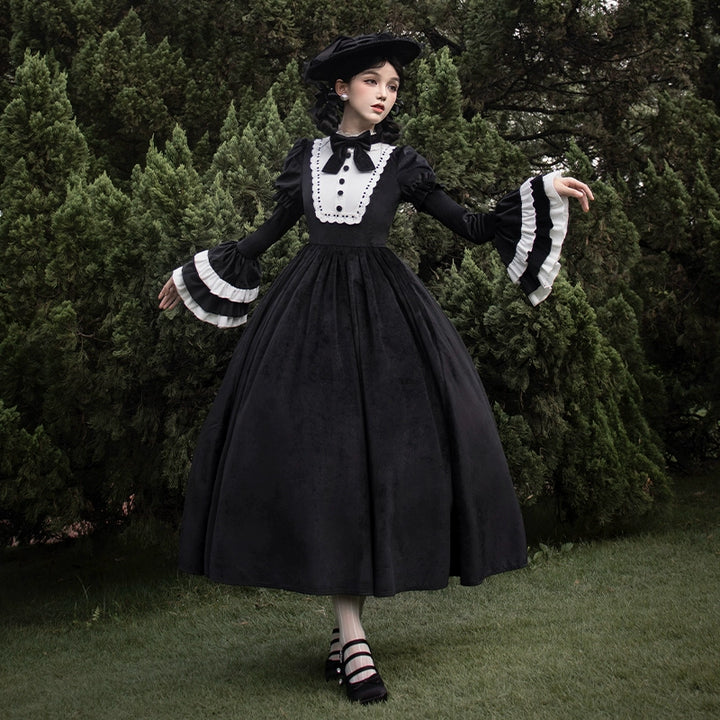 With PUJI~Sleepless Night~Classic Lolita Black OP Dress White Princess Sleeves   