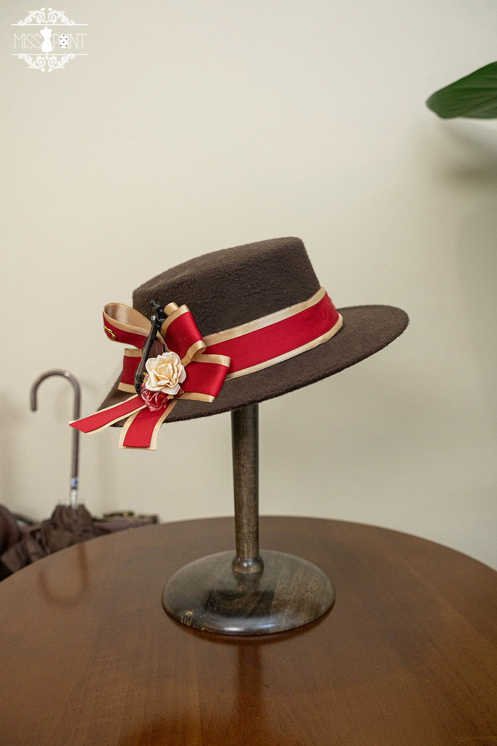 Miss Point - Elegant Lolita Top Hat - Golden Movement Lolita Hat Brown large hat - red bow tie
