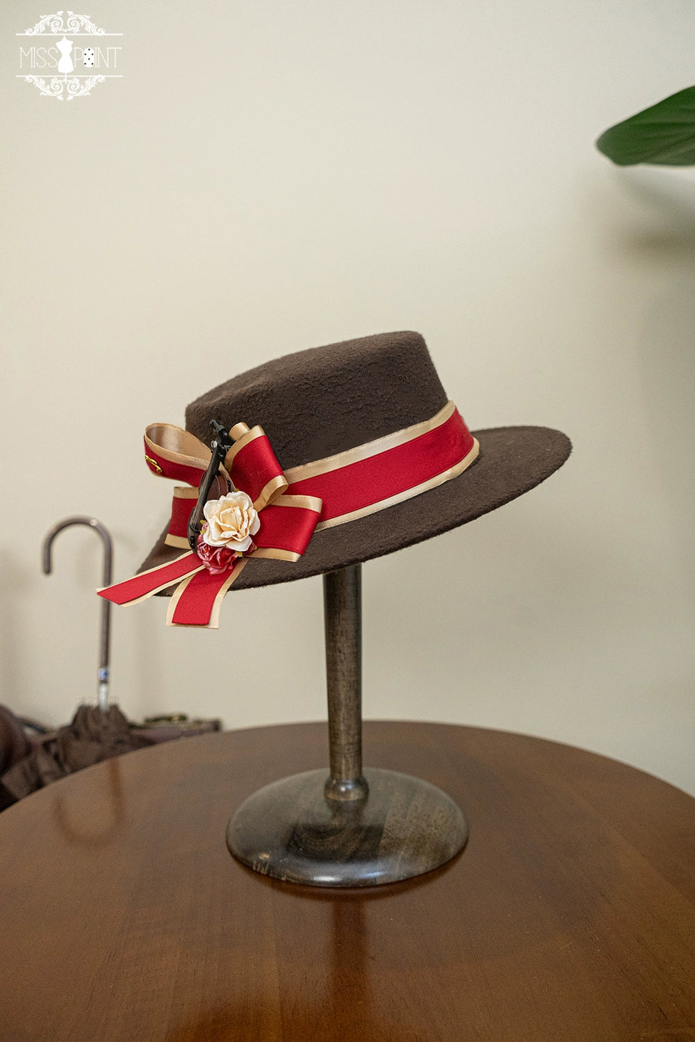 (BFM)Miss Point~Elegant Lolita Top Hat~Golden Movement Lolita Hat Brown large hat - red bow tie  