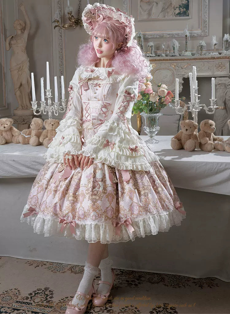 Antique Teddy Bear - Classic Lolita Printed JSK Dress with Ribbon Bows 45538:853245