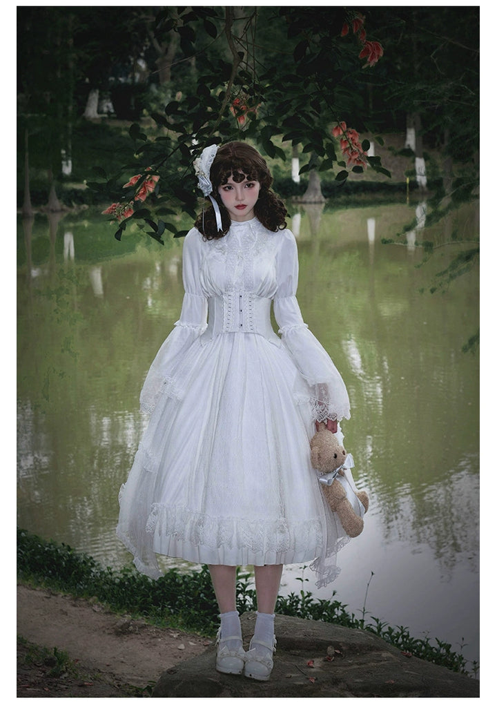 With PUJI~Anhunmeng~Gothic White Lolita OP With Boned Corset Waistband   