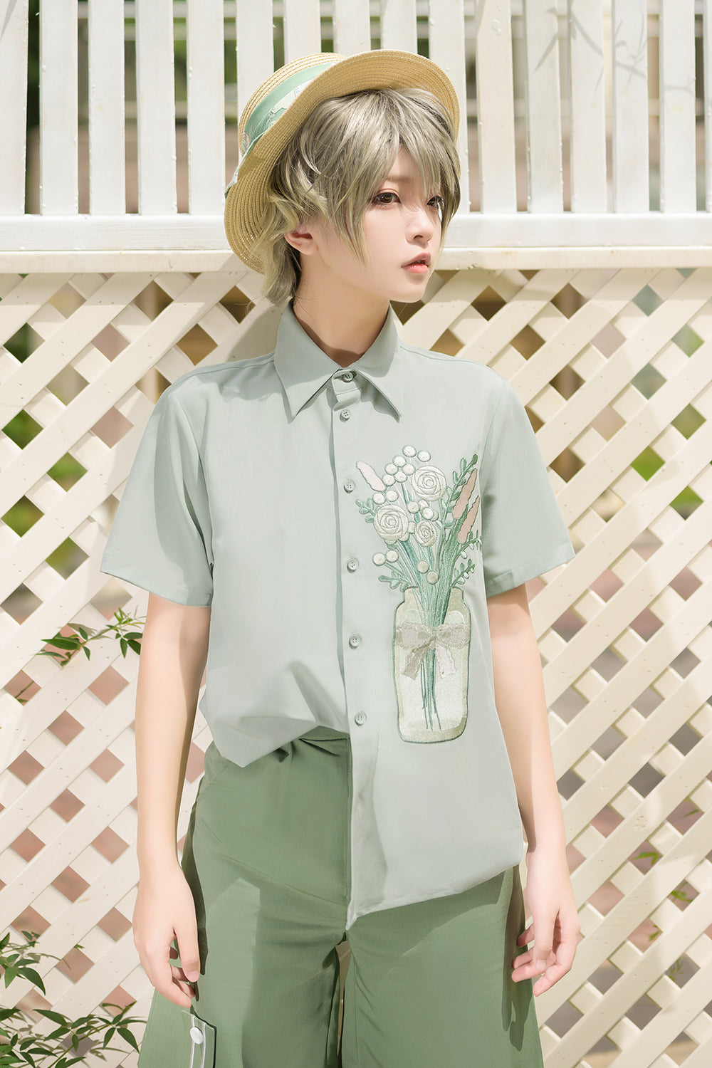 Princess Chronicles - Limited Flowering Time - Ouji Lolita Green Flower Embroidery Shirt
