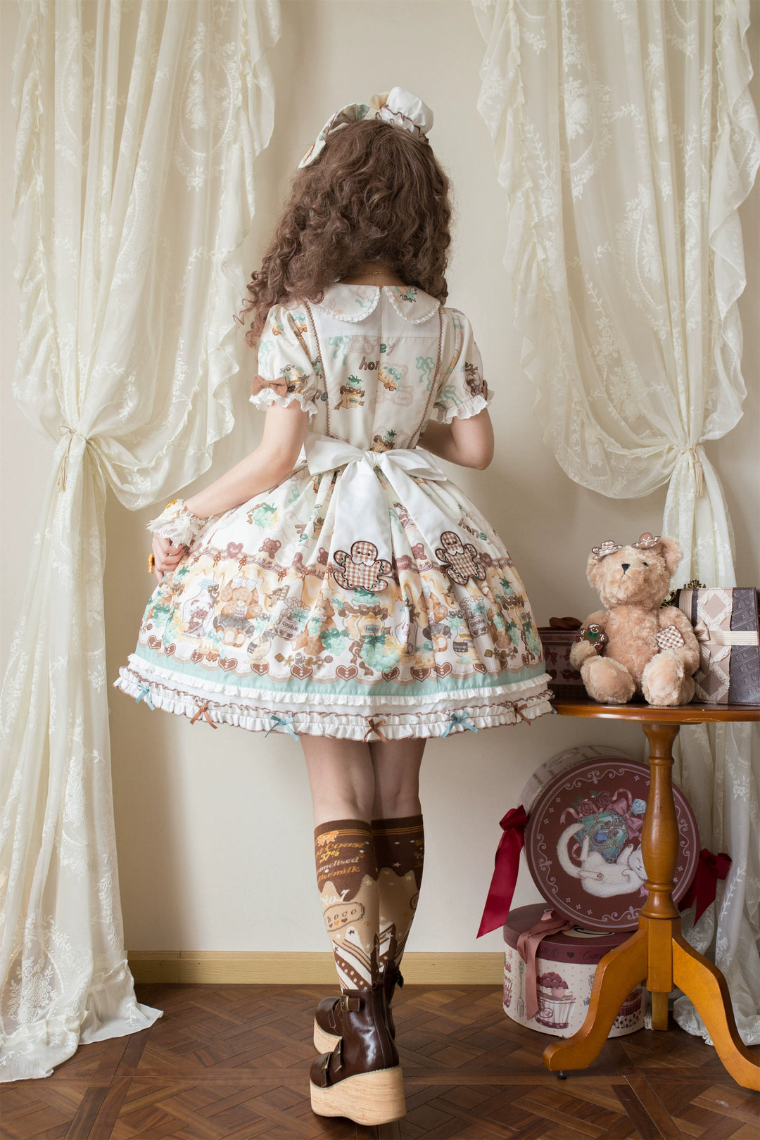 Babyblue~Little Bear Honey Jar~Kawaii Lolita Short Sleeve OP Gingerbread Man Embroidered Dress 40362:656876