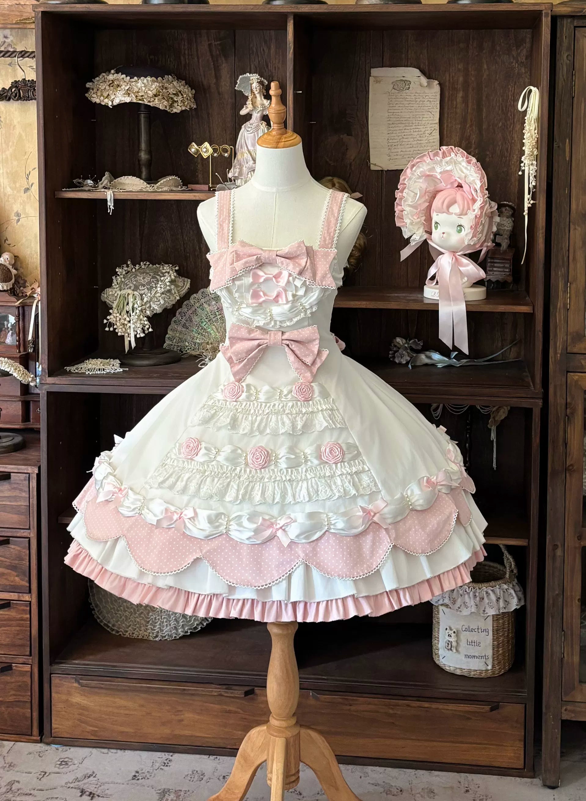 Cream Rosette Cake - Old School Lolita JSK Dress, Rose & Pearl Accents (L M S XL) 45769:861493