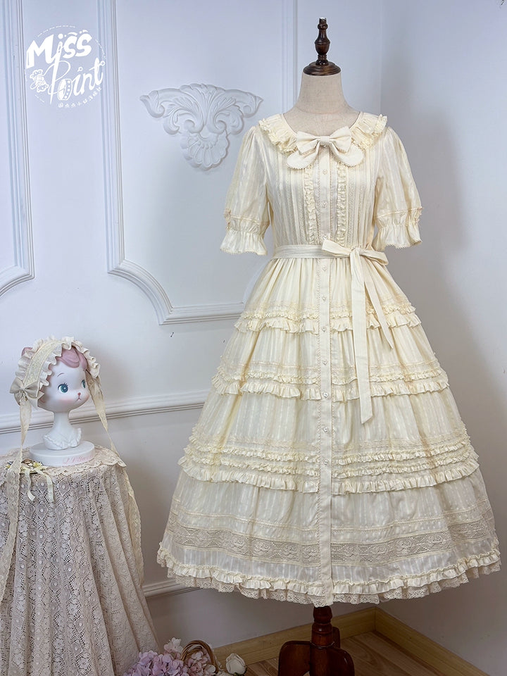 Miss Point~Cat Rose Tea~Elegant Lolita OP Open-front Short Sleeve Tiered Dress (2XL L M S XL XS) 42135:727819