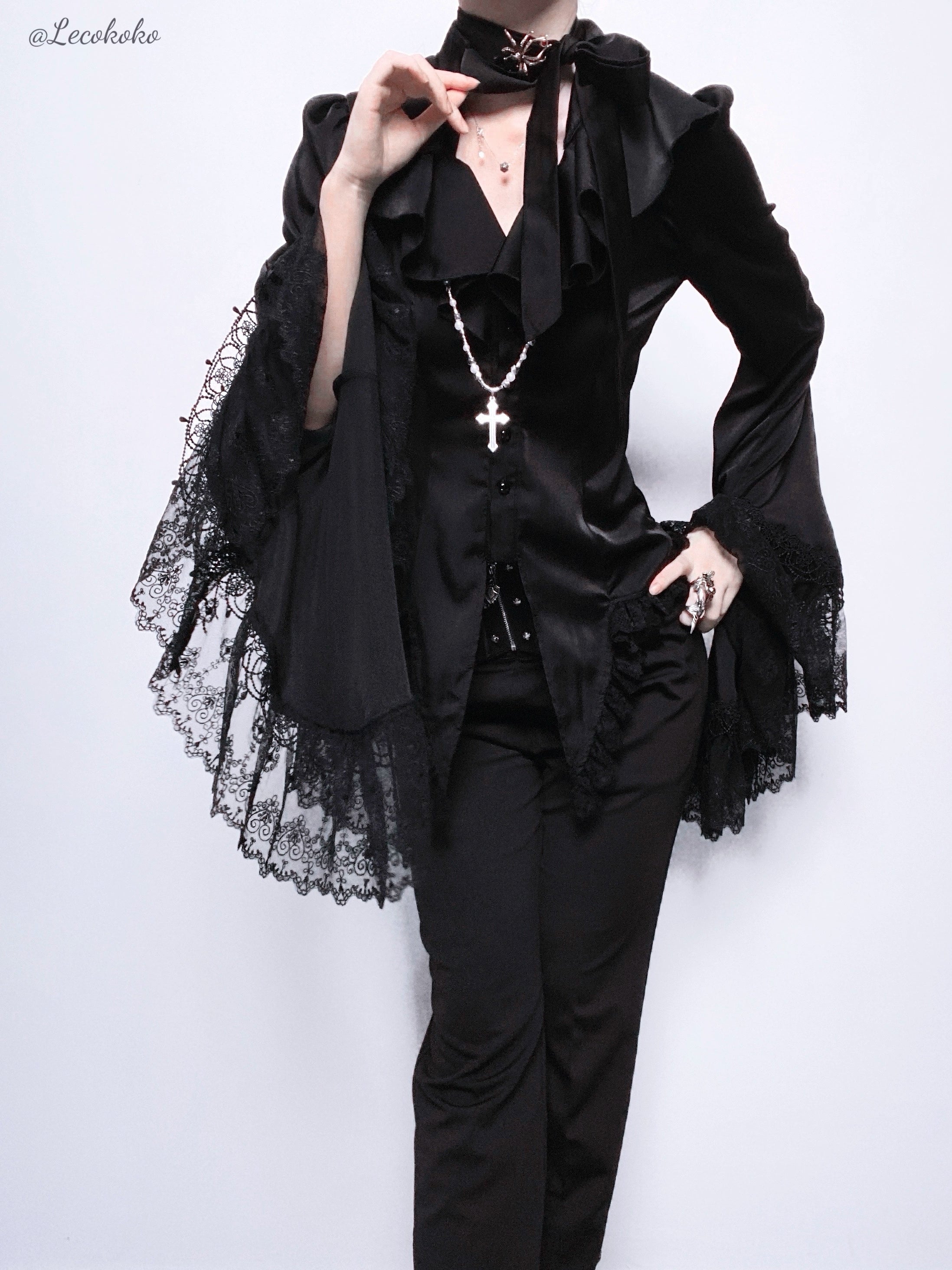 Acorn Lolita - Butterfly Shadow - Gothic Lolita Ruffled Shirt, Tailcoat Style