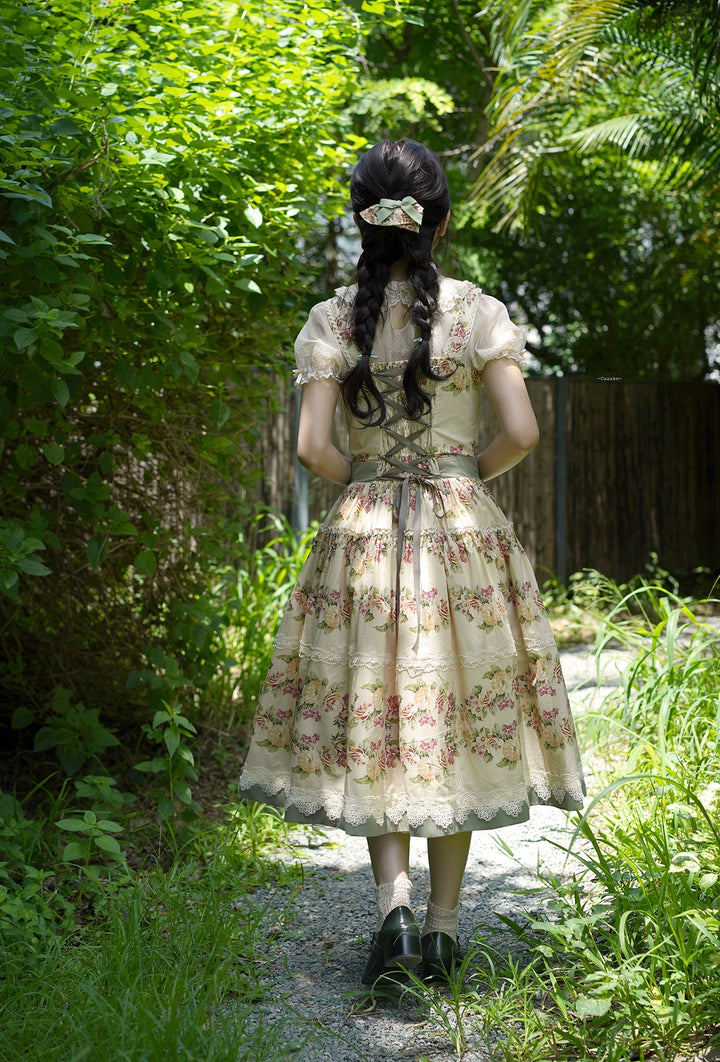 Surface Spell - Blooming Roses Over a Porch - Cotton Elegant Lolita JSK Dress, Floral Print