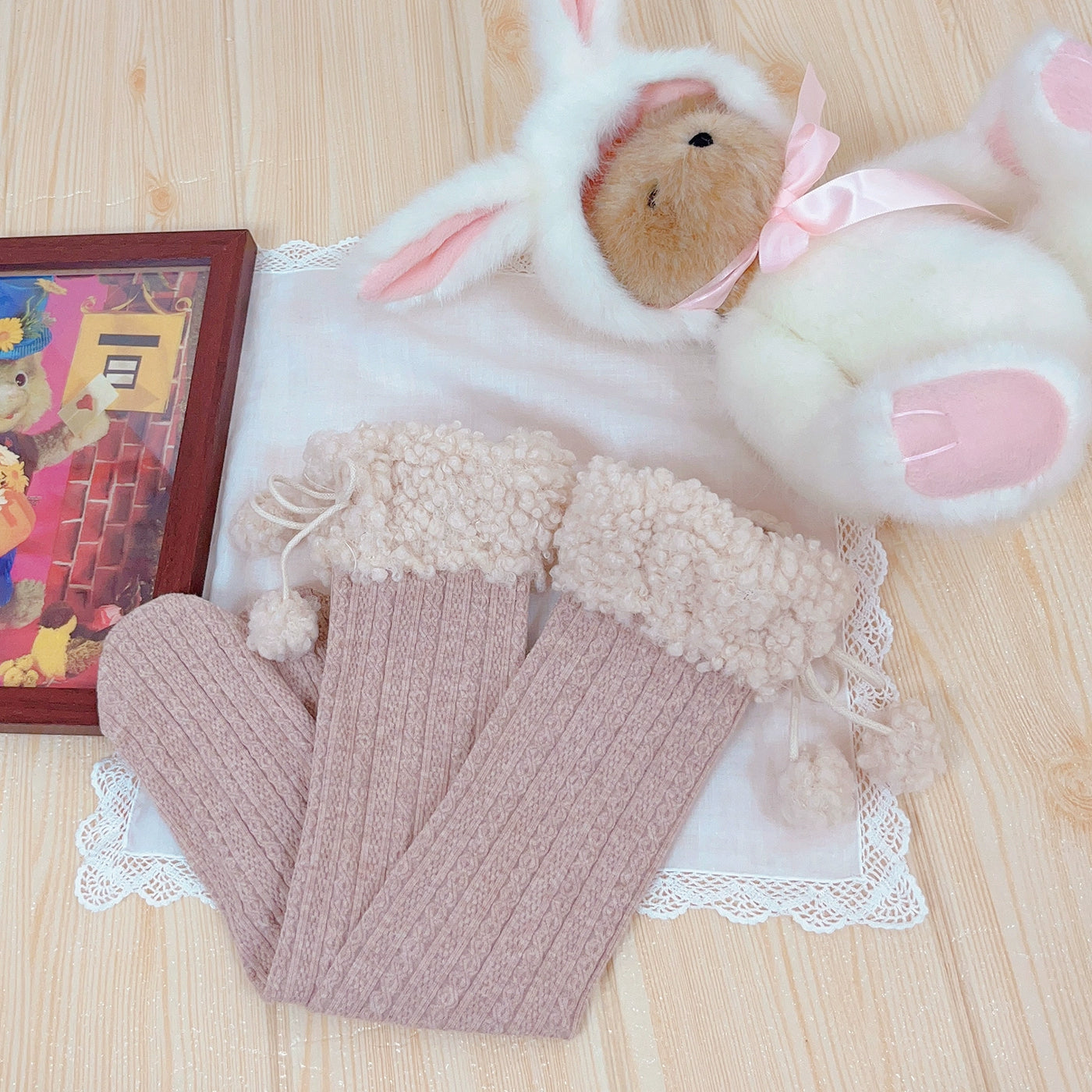 Dolly Doll~Little Bean Cake~Cute Winter Plush Mid-Calf Lolita Socks Free size Skin Pink+Beige Plush Edge 