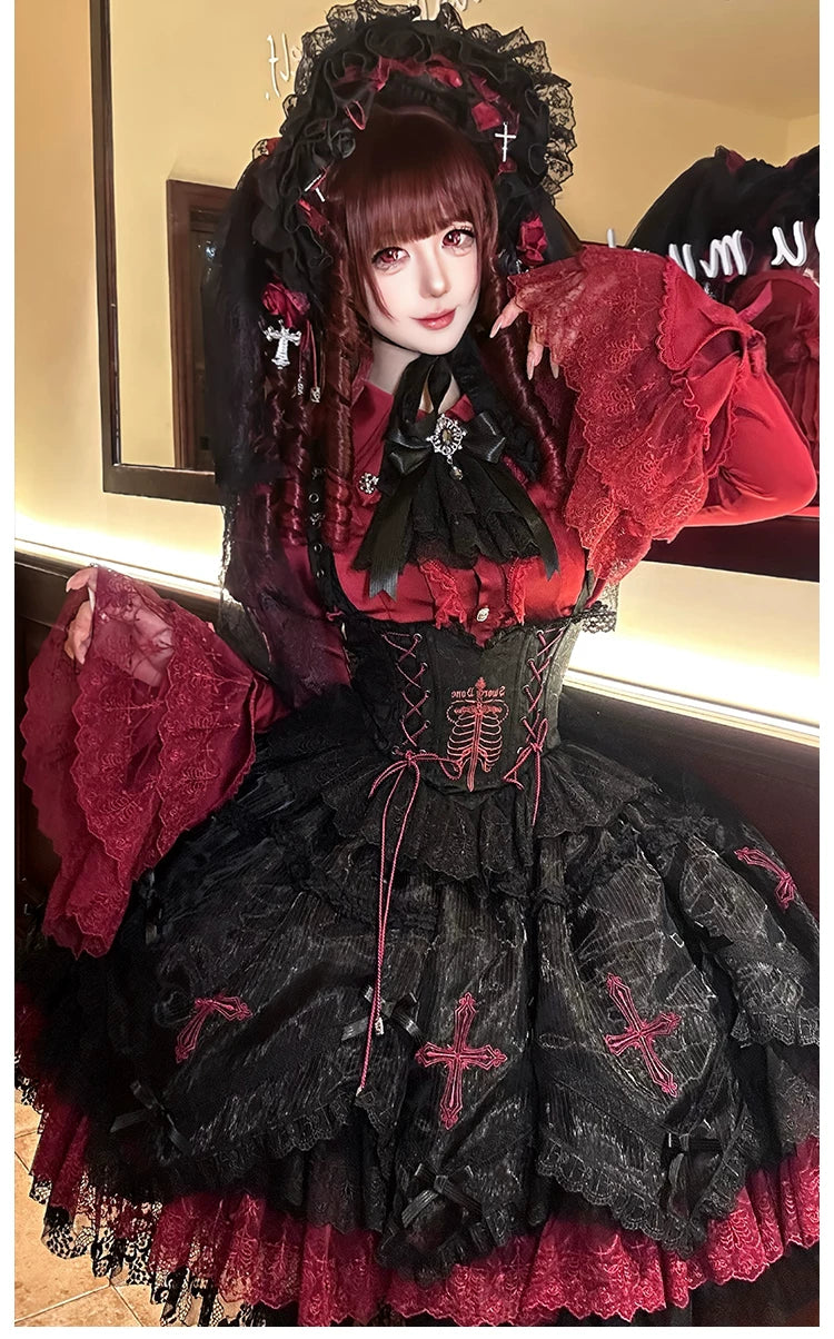 Dark Fog Feast - Gothic Lolita Bust-support Strap Dress, Lace & Cross 45256:842497