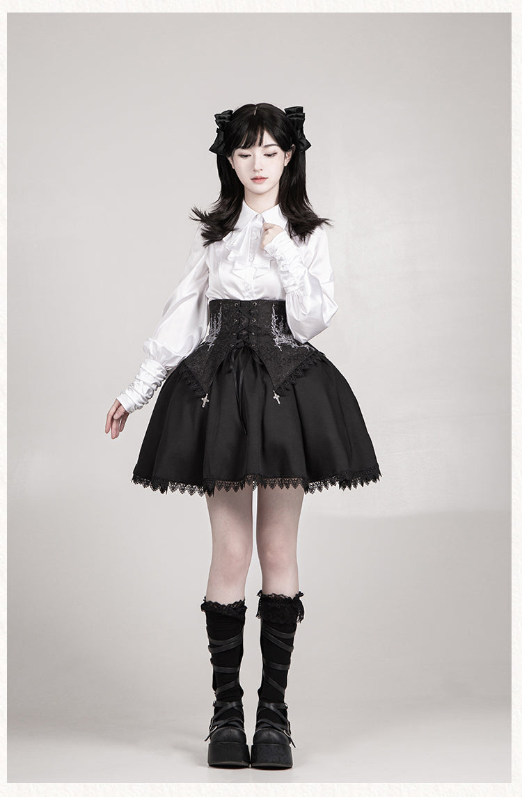 With PUJI - Thorn Night - Gothic Lolita Satin Shirt Solid Color Fake Two-Piece Blouse