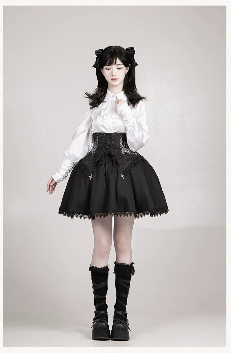 With PUJI - Thorn Night - Gothic Lolita Satin Shirt Solid Color Fake Two-Piece Blouse