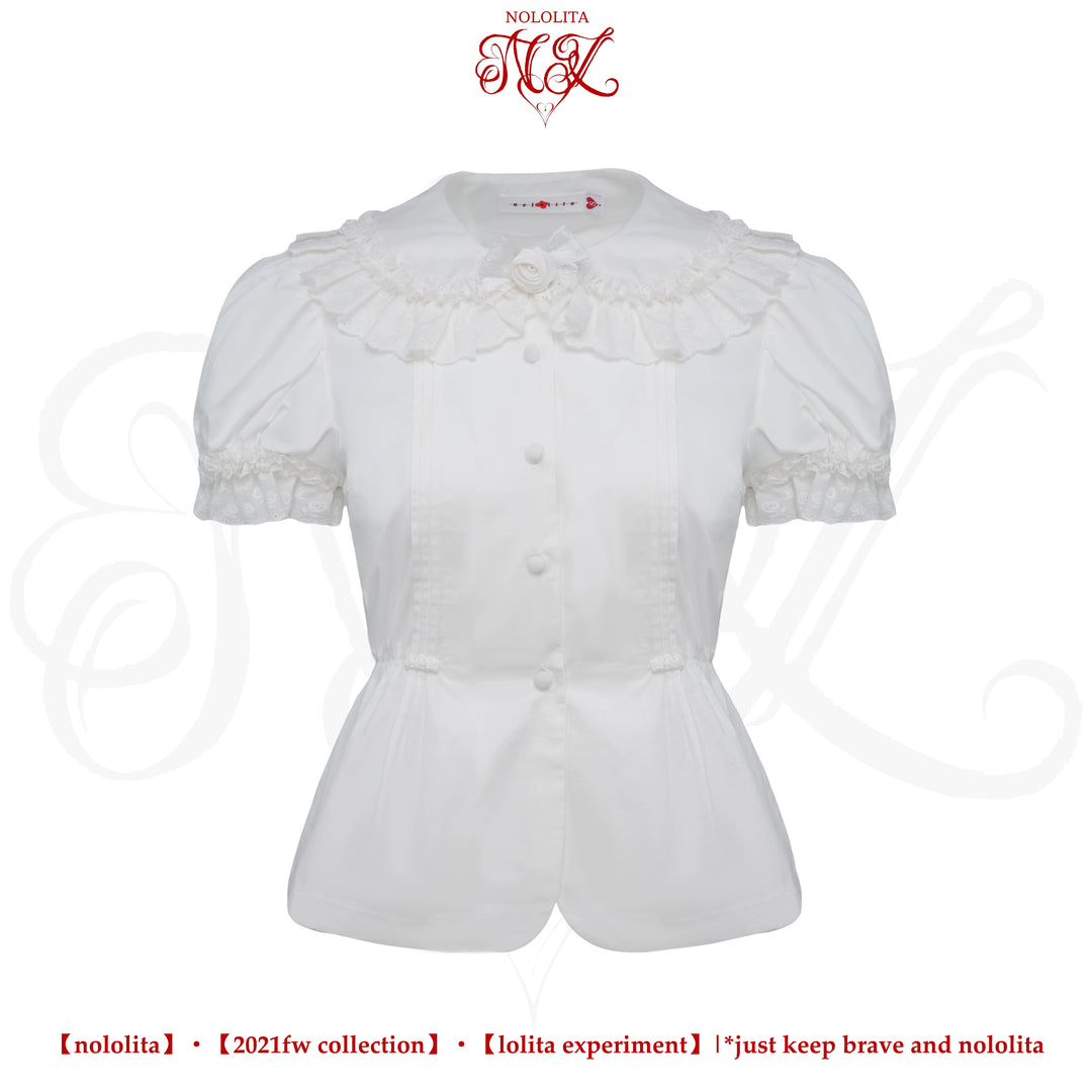 Nololita~Nightingale~Old School Lolita Shirt with Detachable Sleeves White short sleeve shirt only XS