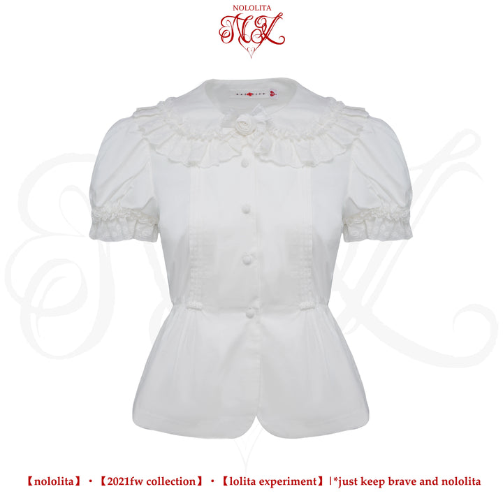 Nololita~Nightingale~Old School Lolita Shirt with Detachable Sleeves White short sleeve shirt only XS