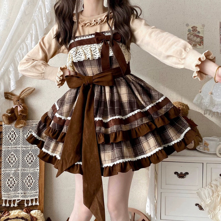 Qianmu~Caramel Cocoa~Sweet Lolita JSK Plaid Design Autumn and Winter Dress   