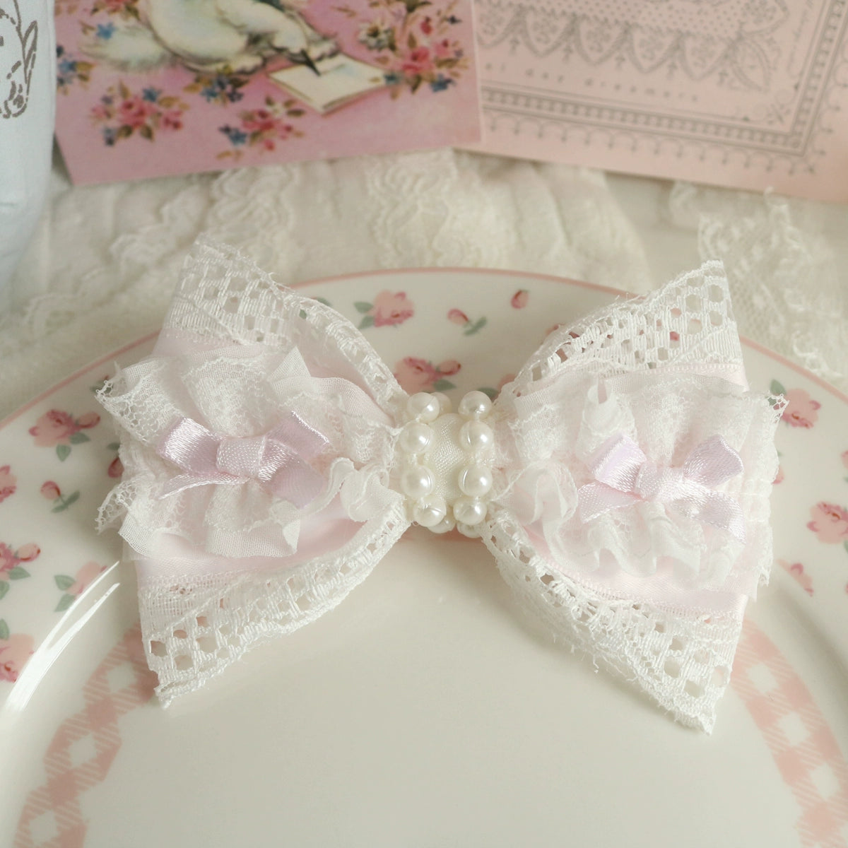 Creamy Bubbles - Sweet Lolita Hair Clip Pink Lace Bow Hair Clip and Brooch Handmade
