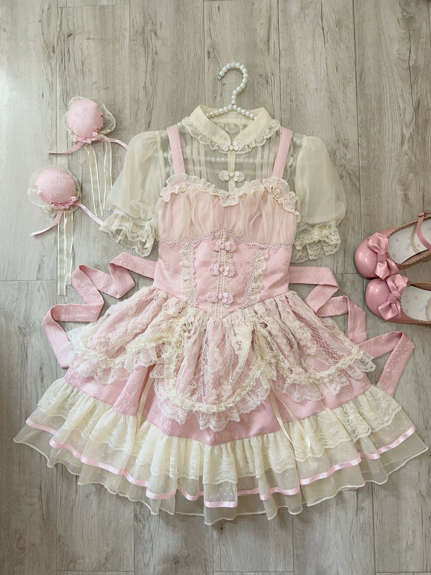 Sugar Girl - Hua Ji Fu Lei - Chinese Style Lolita JSK Dress Ballet Style Innerwear Set S a pair of pink hair accessories