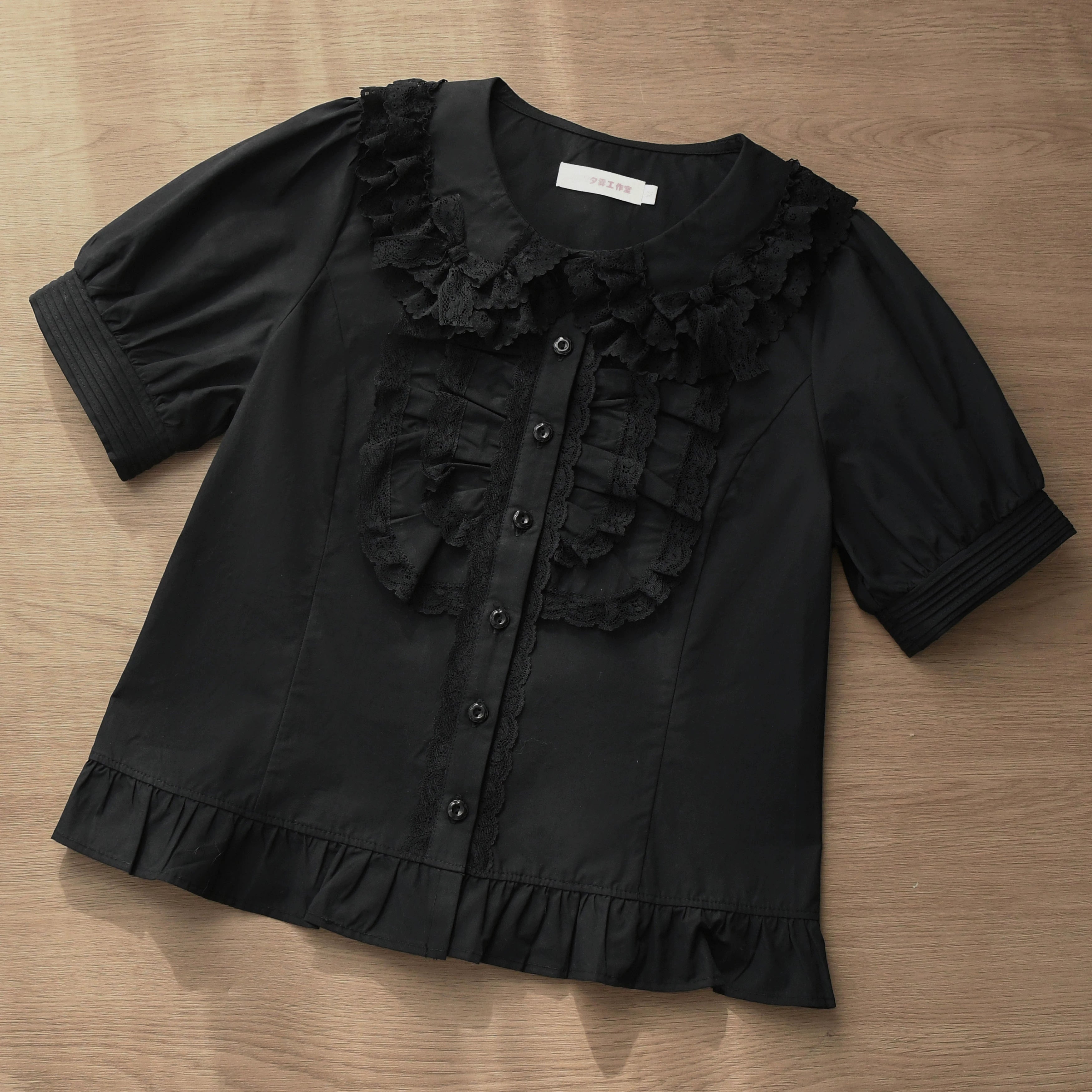 MIST - Semi-sweet Milk Cake - Sweet Lolita Short Sleeve Blouse with Lace Peter Pan Collar Black - In Stock S
