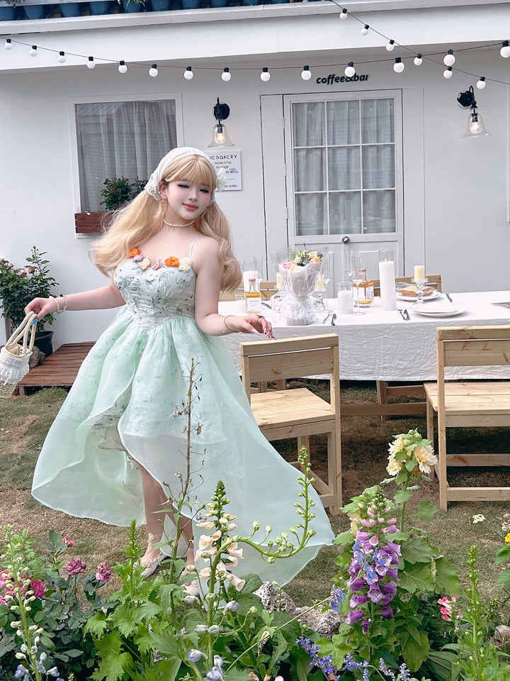 Yingtang~Plus Size Green Lolita Jumper Dress Spring Floral Lolita Dress Caidigan Set   