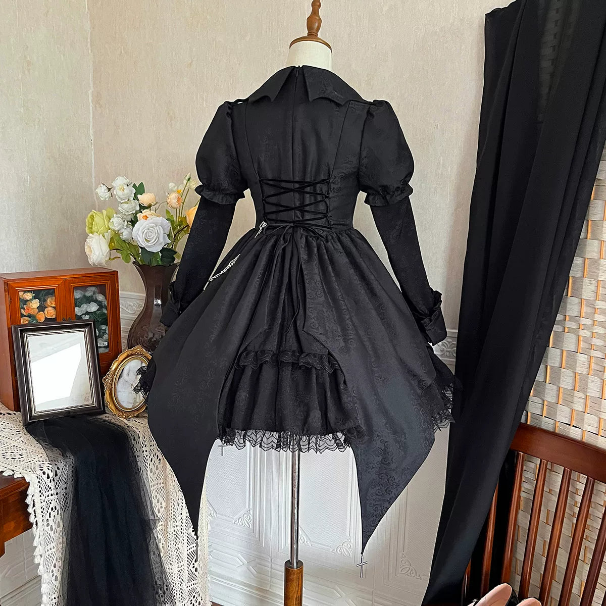 Darknight Creed - Gothic Lolita Jacquard OP, Irregular Hem & Cross Pendants 45847:865282