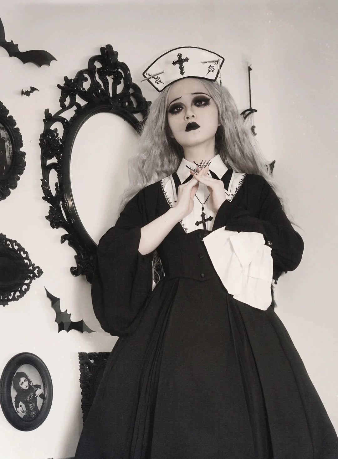 Cute Girl~Cross Praise~Gothic Lolita OP Dress Nun Style Long Sleeve Dress   