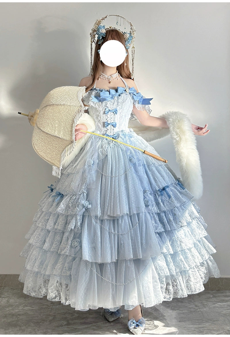 (BFM)Dream Gift Box~Moonlight Farewell Poem~Gorgeous Lolita Dress Flower Wedding Lolita OP S Blue dress 