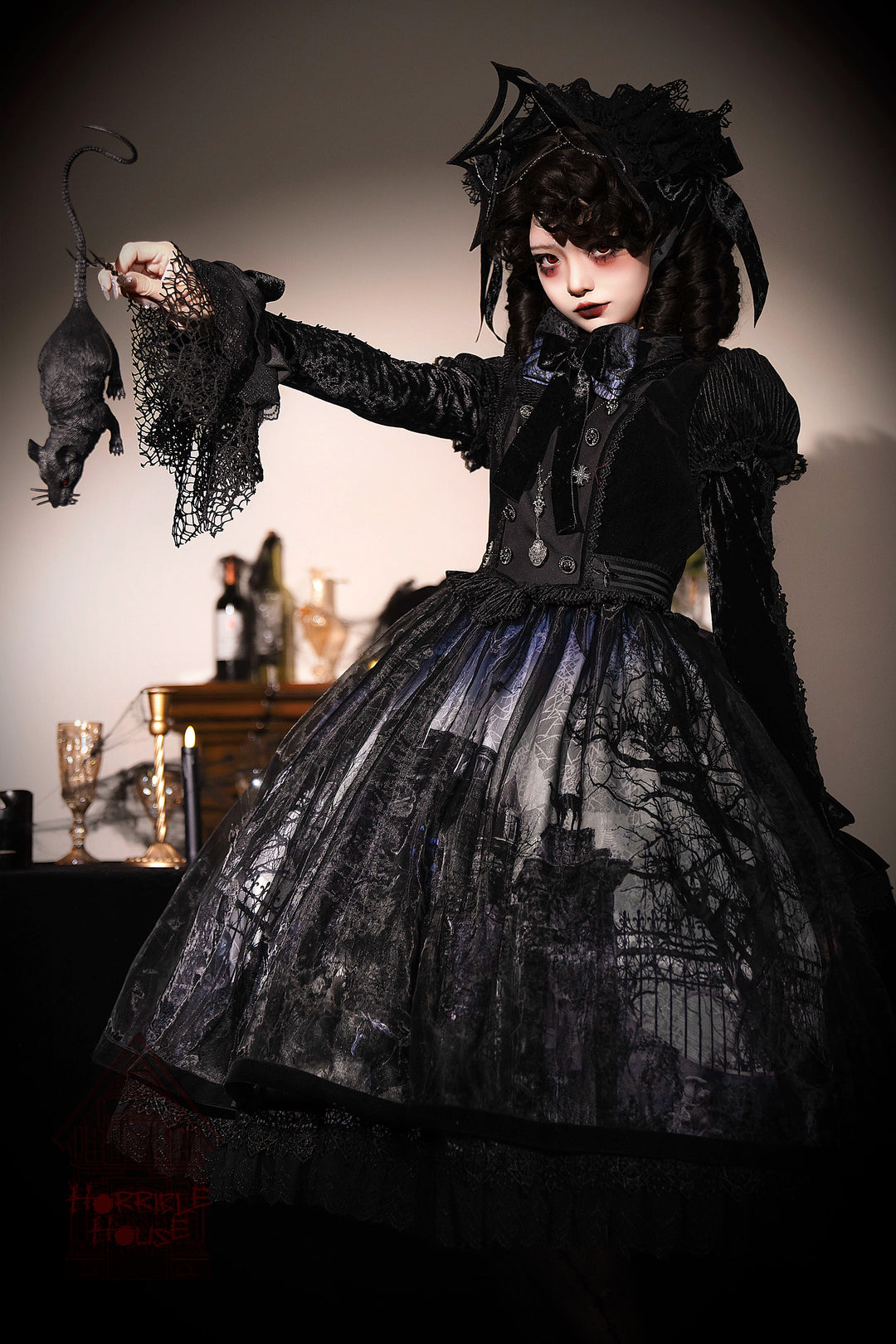 LilithHouse~Horror House~Gothic Lolita OP Set with Cape and Castle Print