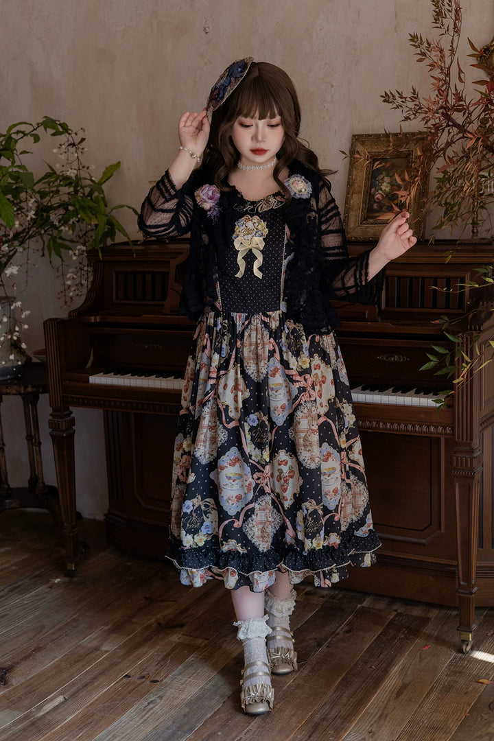 Miss Point~Cat and Rose Tea~Sweet Lolita Tulle Cardigan and Long Skirt Overlay 42141:728056