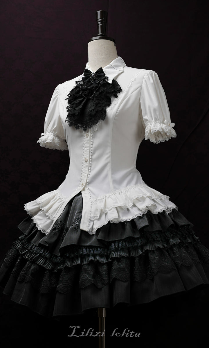 (BFM)Lilizi~Crumbled Gift~Gothic Lolita Shirt Short Sleeve Blouse Neckerchief Brooch XS White shirt + black necktie 