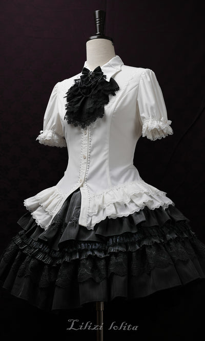 (BFM)Lilizi~KuiLi Series~Elegant Lolita Blouse with Bat Collar XS White shirt + bib tie {note us black or white you want} 