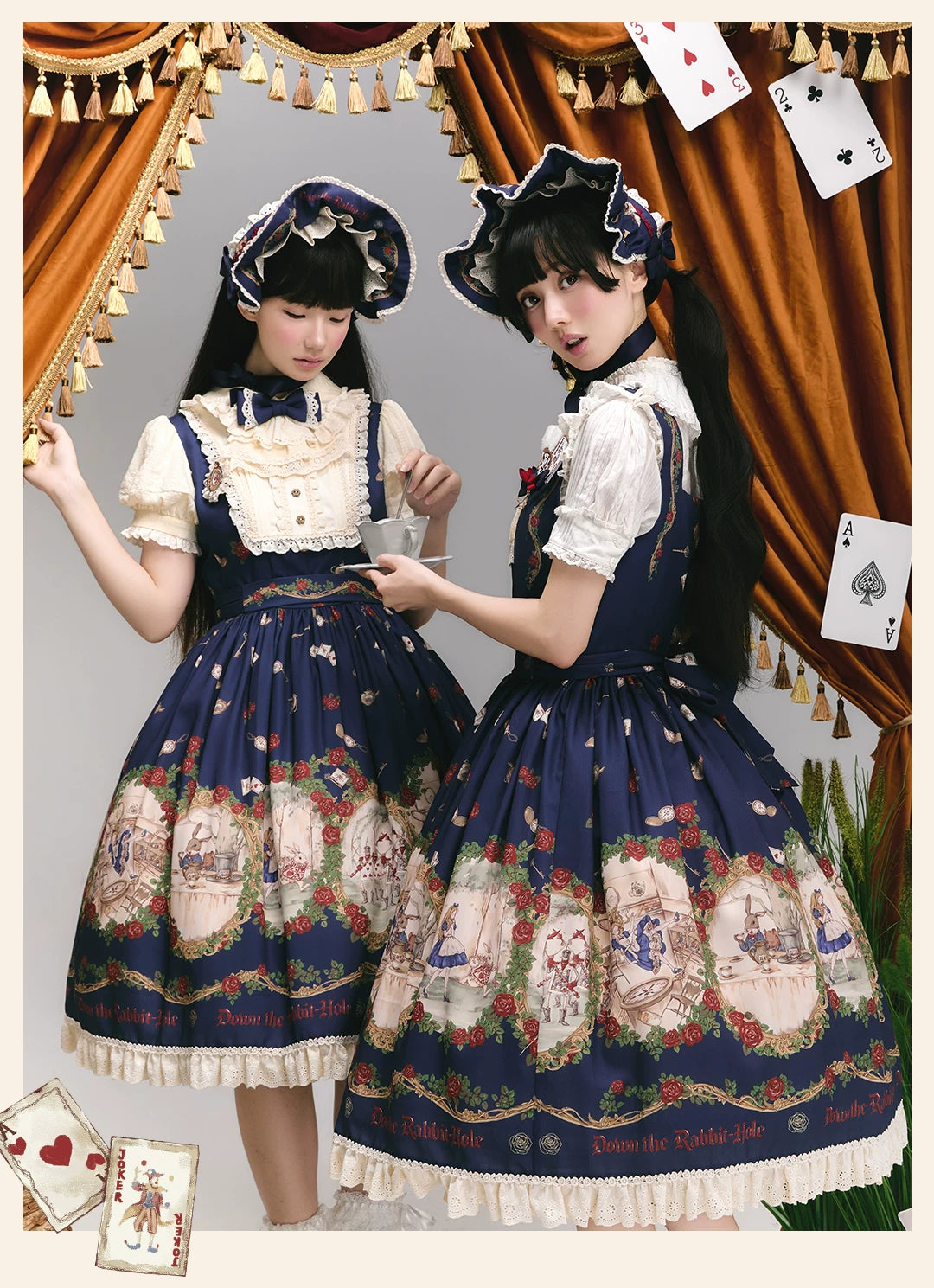 Down the Rabbit Hole - Daily Wear Classic Lolita OP & JSK Dress, Alice in Wonderland Print 46008:871978