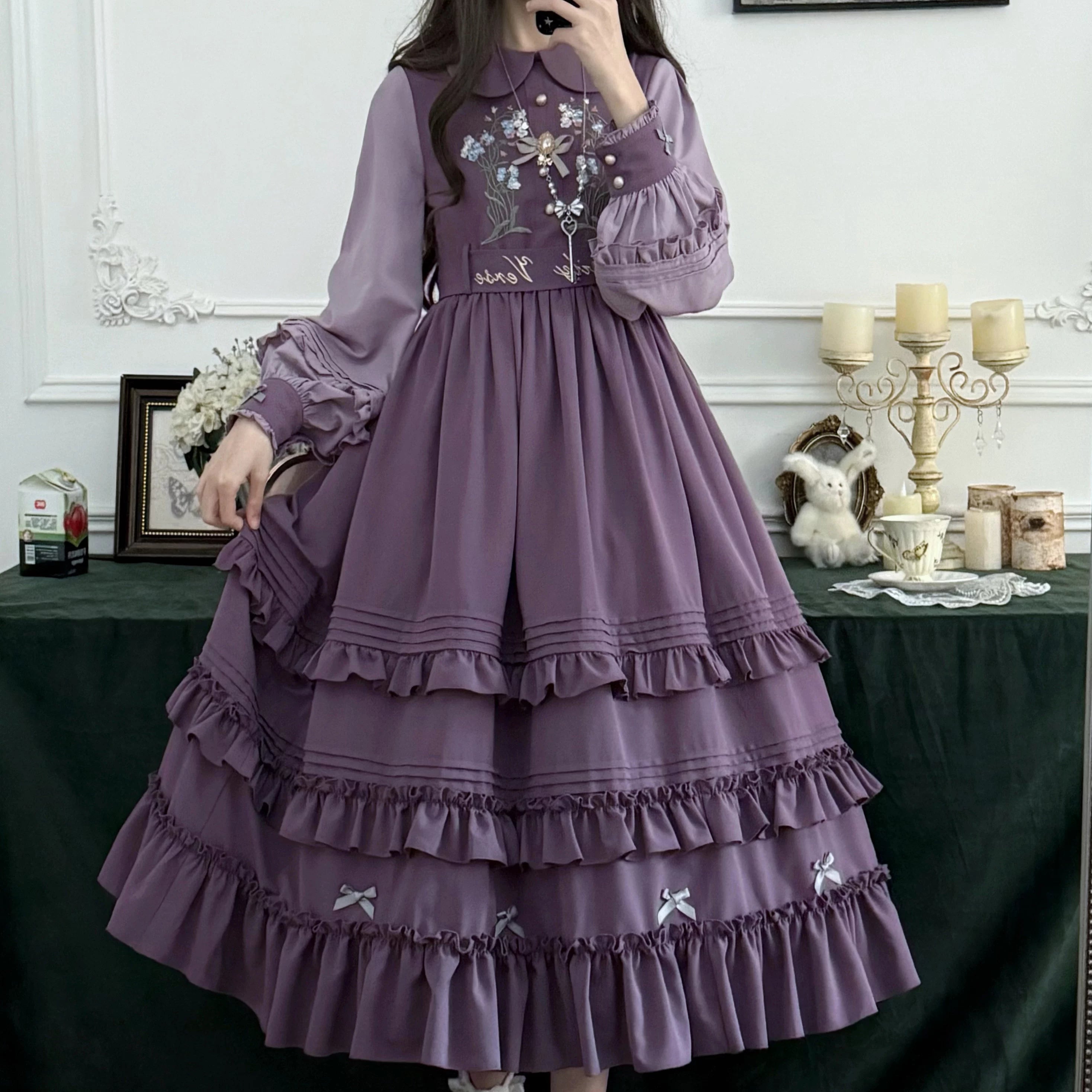 Verdant Name - High-waisted Classic Lolita Dress, Embroidered Bellflower