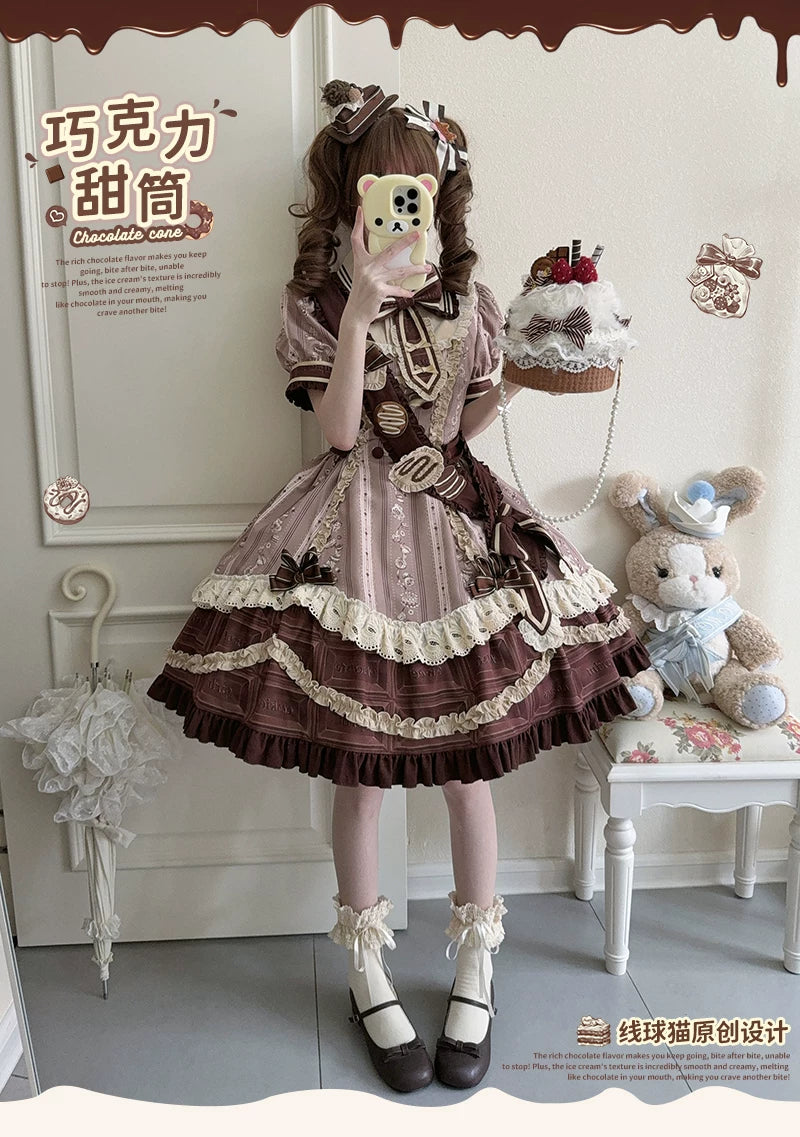 Chocolate Cone - Kawaii Lolita Dessert Print OP Dress, Detachable Sash Set 45782:862662