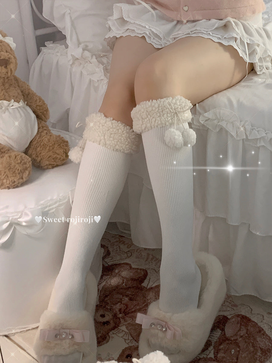 Roji Roji - Winter Fuzzy Ball Lolita Socks Over Knee Thick Socks One Size White (calf socks)-45cm