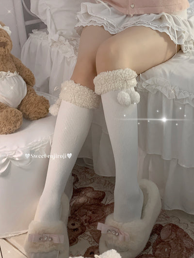 Roji Roji~Winter Fuzzy Ball Lolita Socks Over Knee Thick Socks Free size White (calf socks)-45cm 