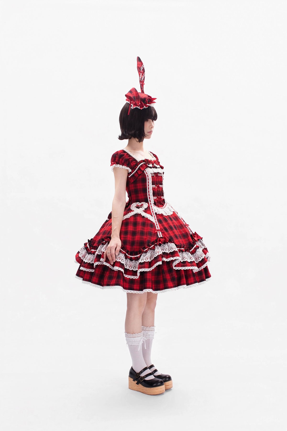 Plaid Lace Bunny - Old School Lolita Plaid OP Dress, Lace Trim 45992:871327