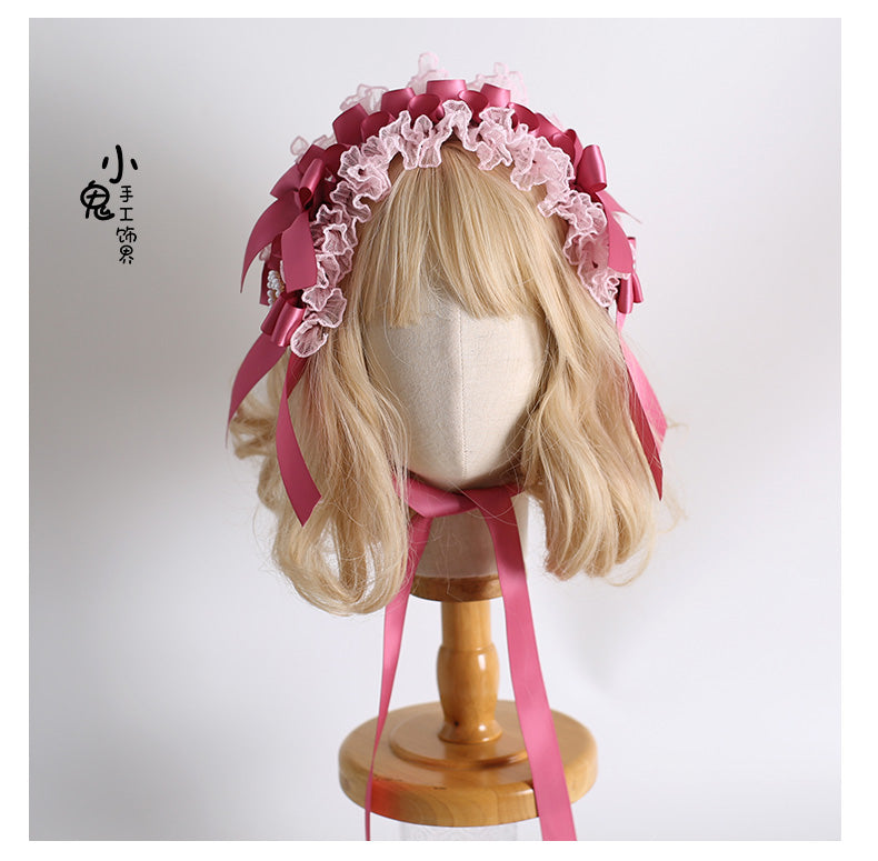 Xiaogui~Velvet Cake~Sweet Lolita Head Accessory Set with Ribbon Bow Details