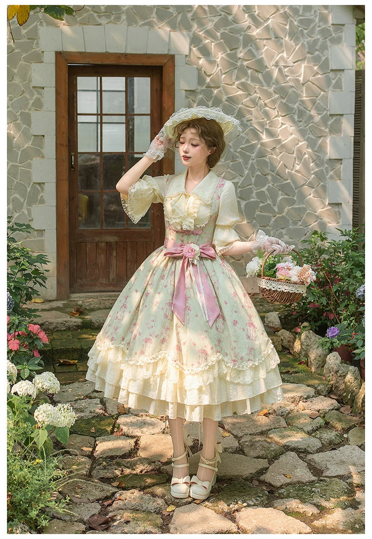 Wind Swept Roses - Classic Lolita Rose Printed Dress Set, Petal Hem