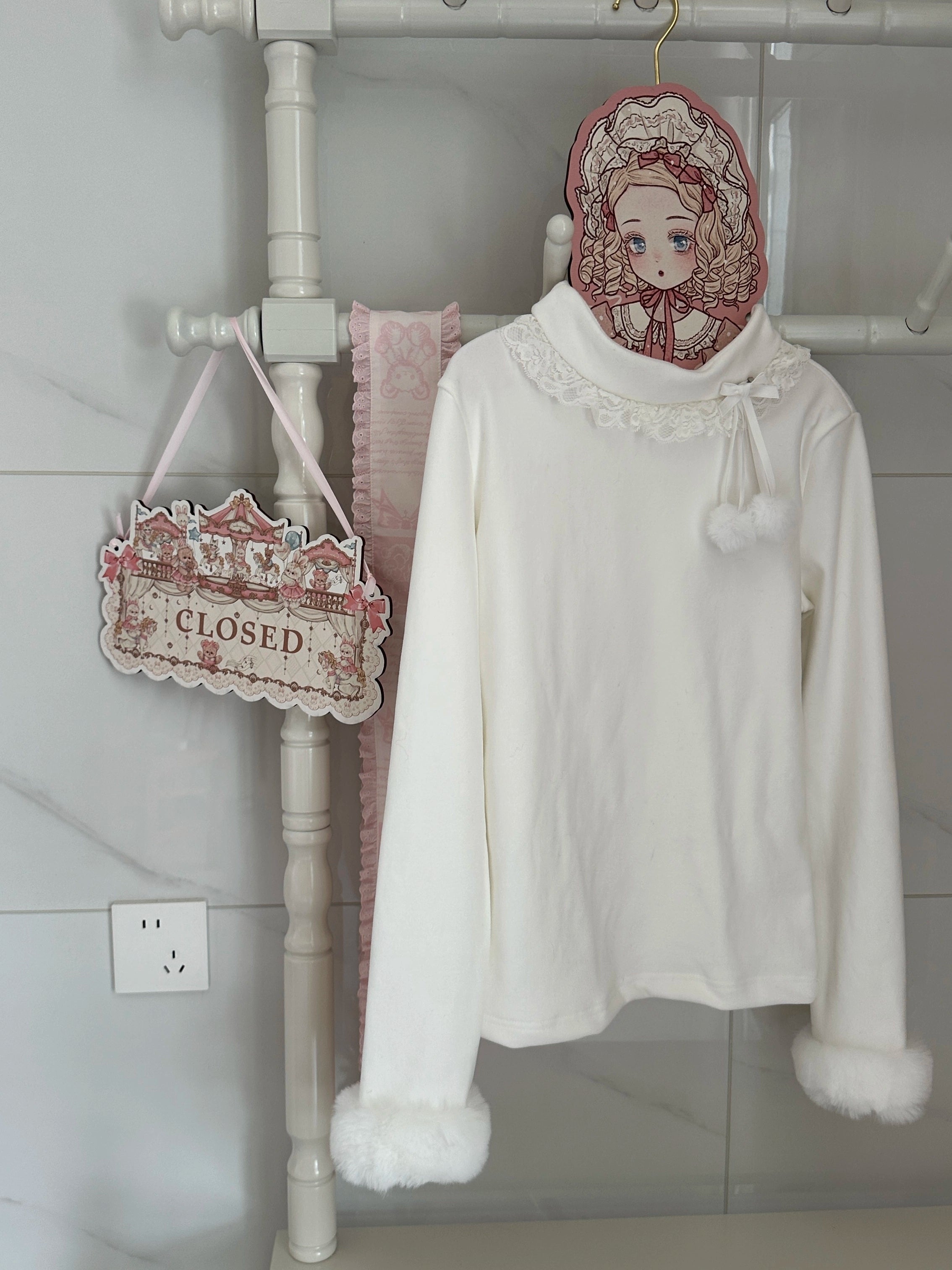 MeowMeow - Pom Pom - Kawaii Lolita Winter Innerwear, Fuzzy Cuffs (White / 2XL L S) 44046:793652