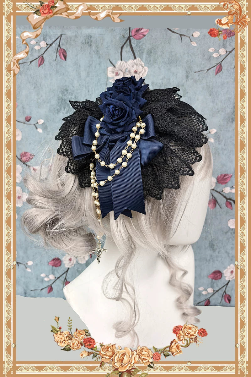 Elegant Lolita Hanamaru Hair Clip, Rose Bow & Pearl-like Chain 46096:874831