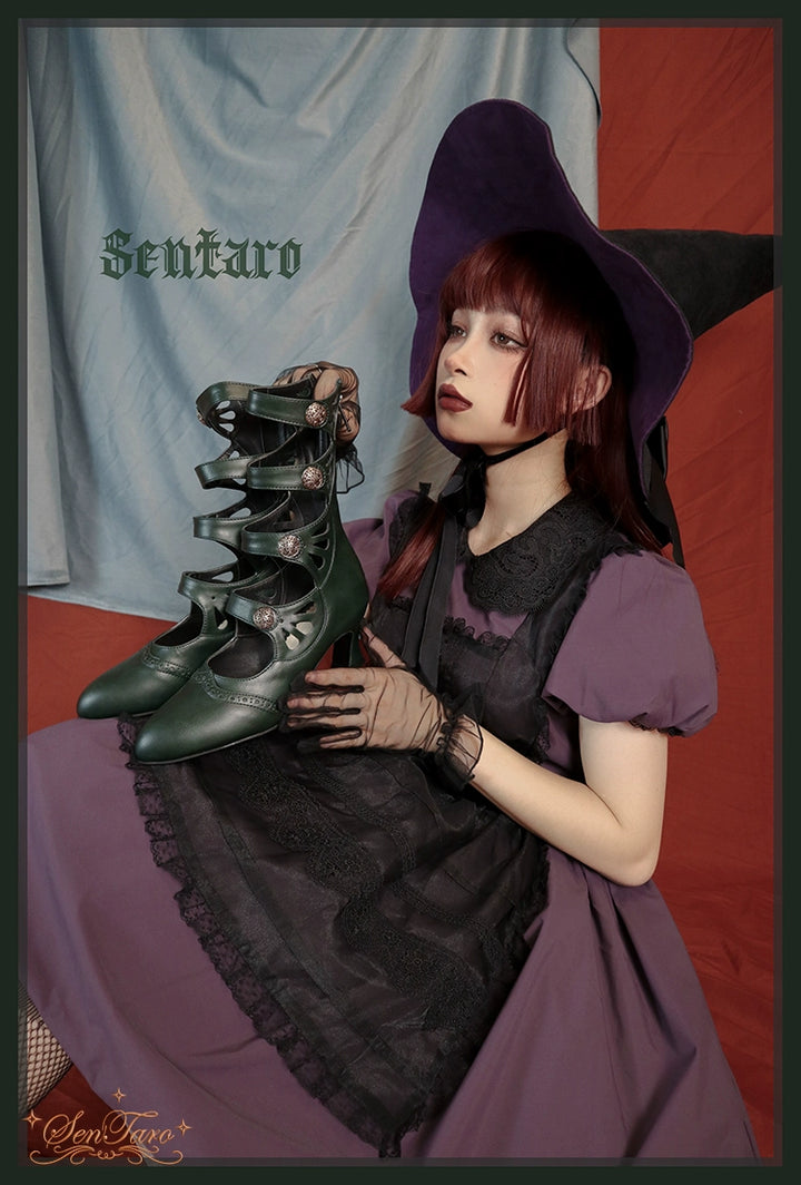 Sentaro~Floral Carved~Vintage Lolita Shoes Mary Jane Hollow-out Ankle Boots 41822:714882