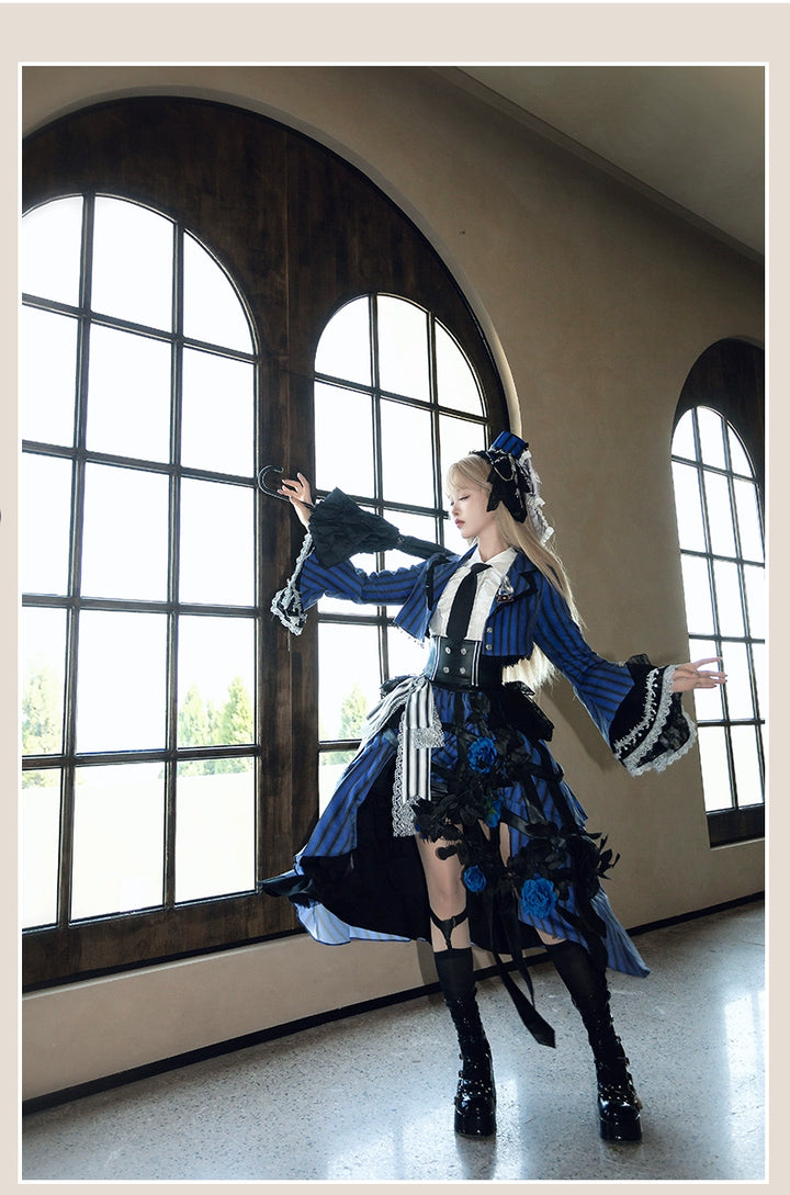 (BFM)Signorina~Golden Years~Ouji Lolita Skirt Suits Prince Elegant Dress Set XS Blue hat 