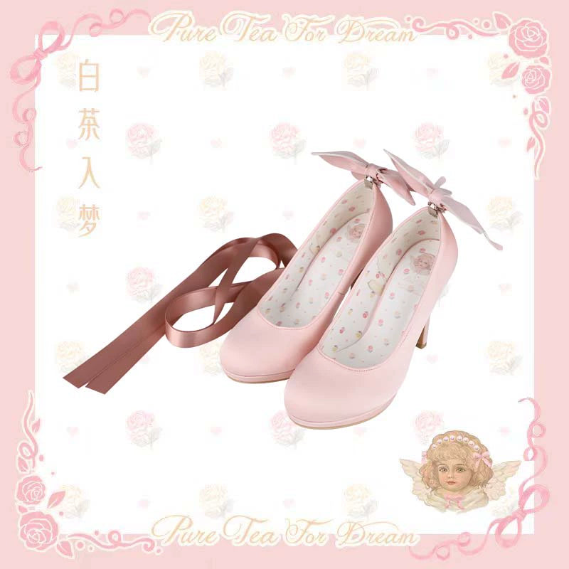 Pure Tea For Dream~Butterfly Specimen~Ballet Style Lolita Shoes Elegant Platform Lolita Heels 34 Satin pink 