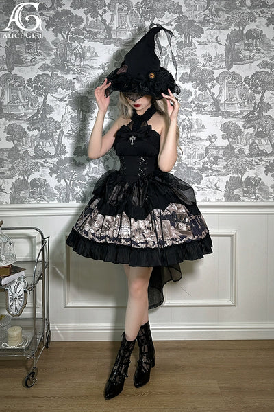Alice Girl~Doll Mystery~Gothic Lolita Dress Ribbon Tie Halter Dress XS Black (short) 