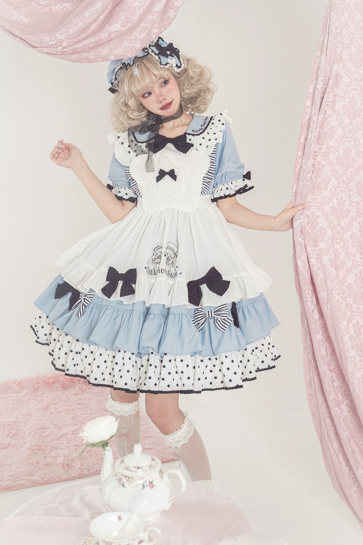 Vcastle~Sweet Lolita OP Dress Splicing Sleeve Apron Dot Print Dress 19776:303768